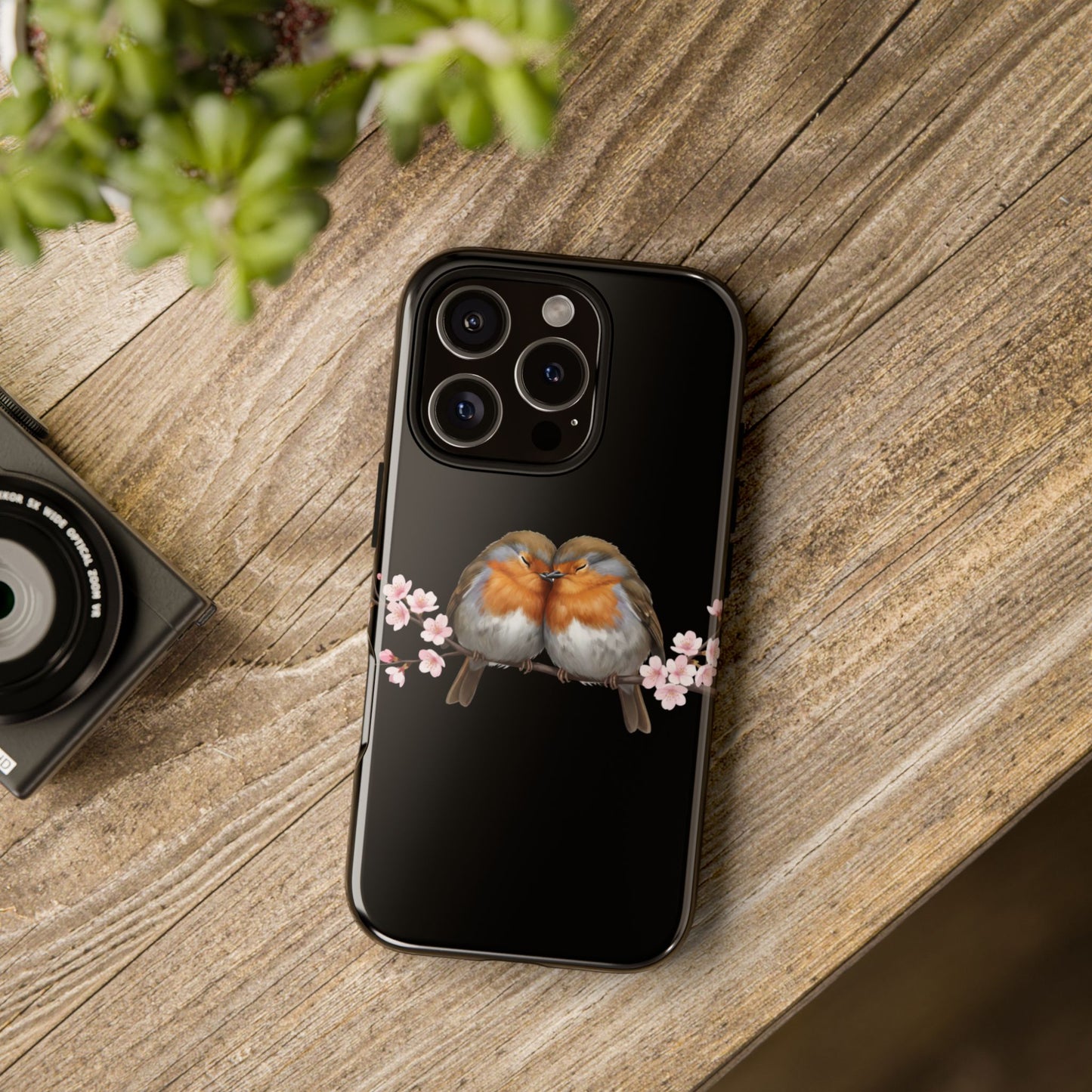 Rotkehlchen mit Kirschblüten Premium Handyhülle – Doppelt Geschützt & Rundum Bedruckt Schwarz