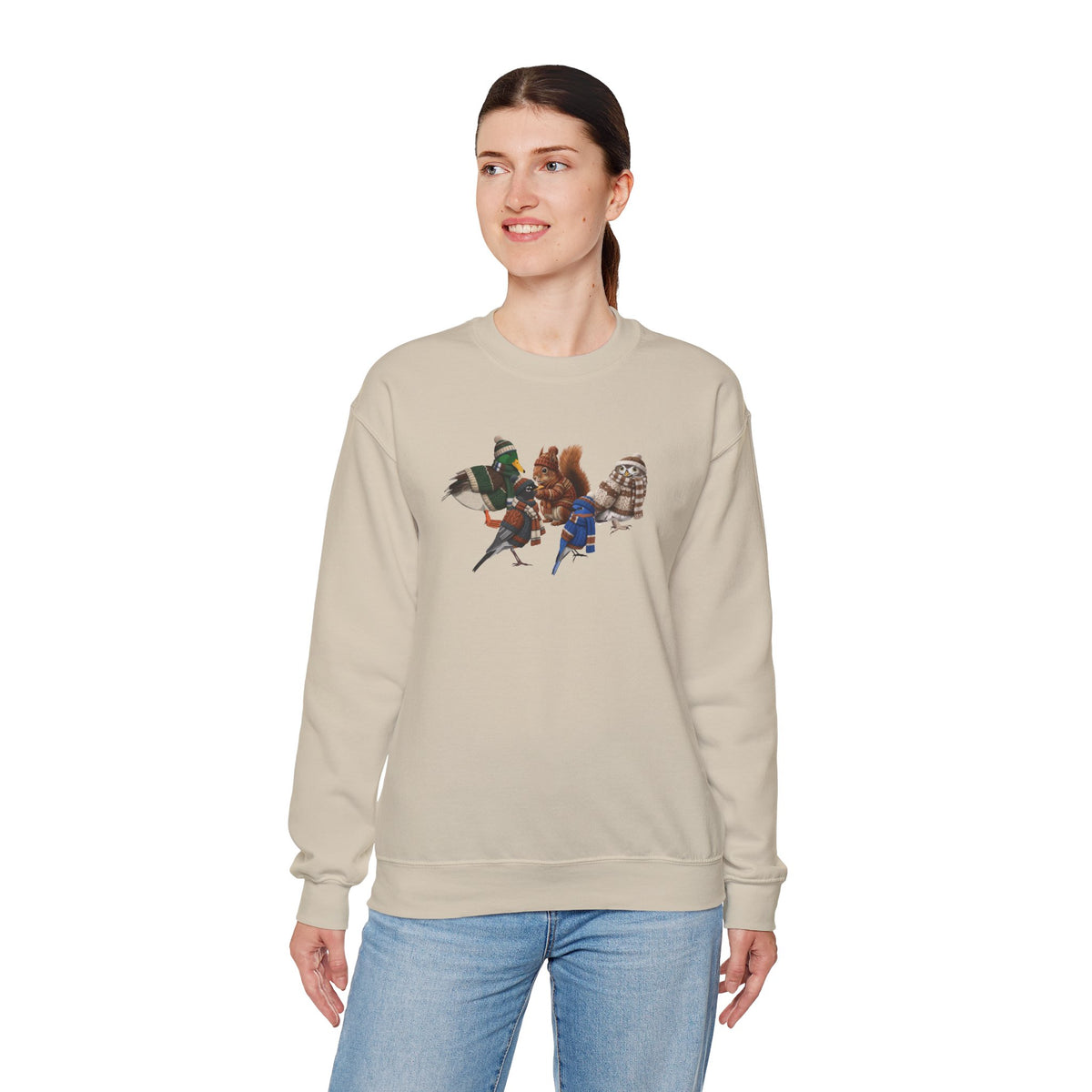 Cozy Winter Crewneck: Backyard Birds & Squirrel in Knitwear