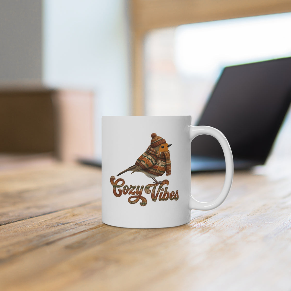 Rotkehlchen mit Strickpullover Weihnachtliche Tasse Vogelmotiv Cozy Vibes – Ideal für Kakao & Kaffee – 11 oz,