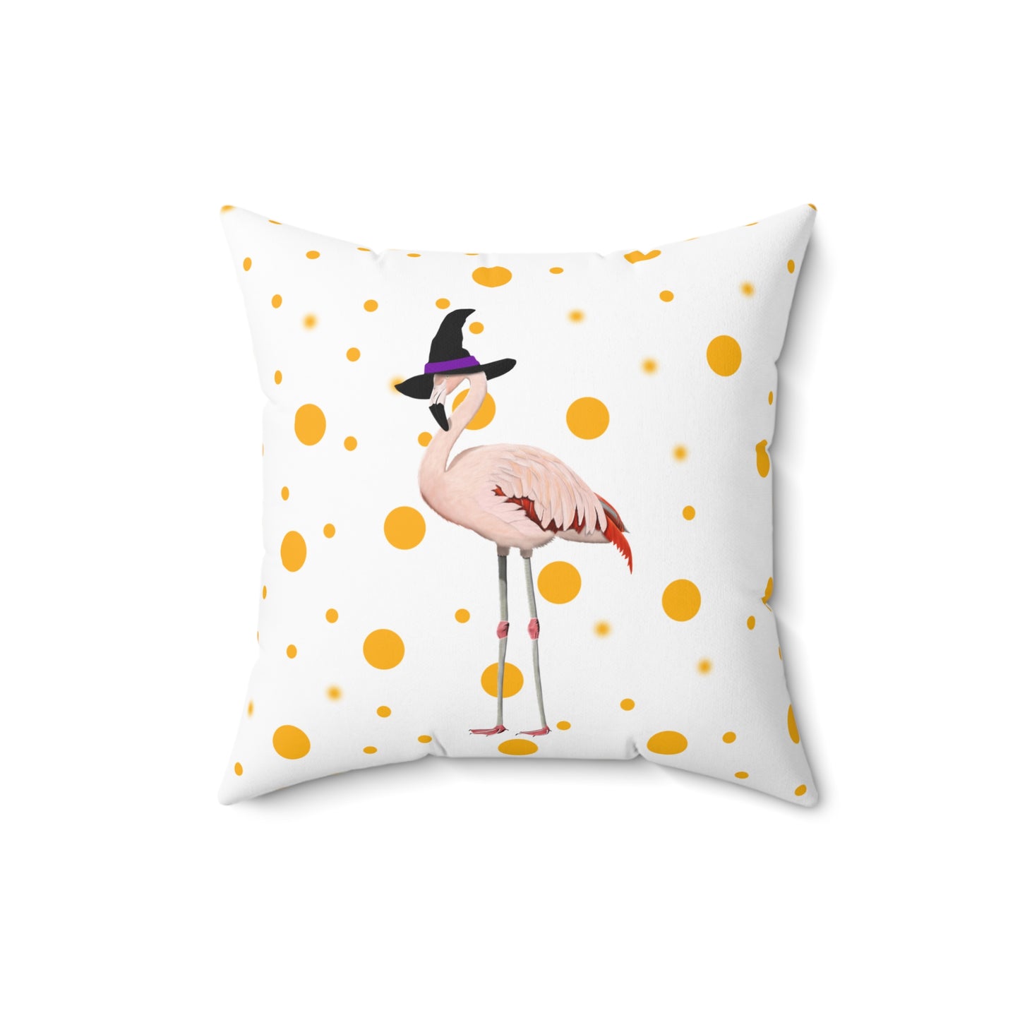 Flamingo Halloween Bird Throw Pillow White 16"x16" Orange Dots