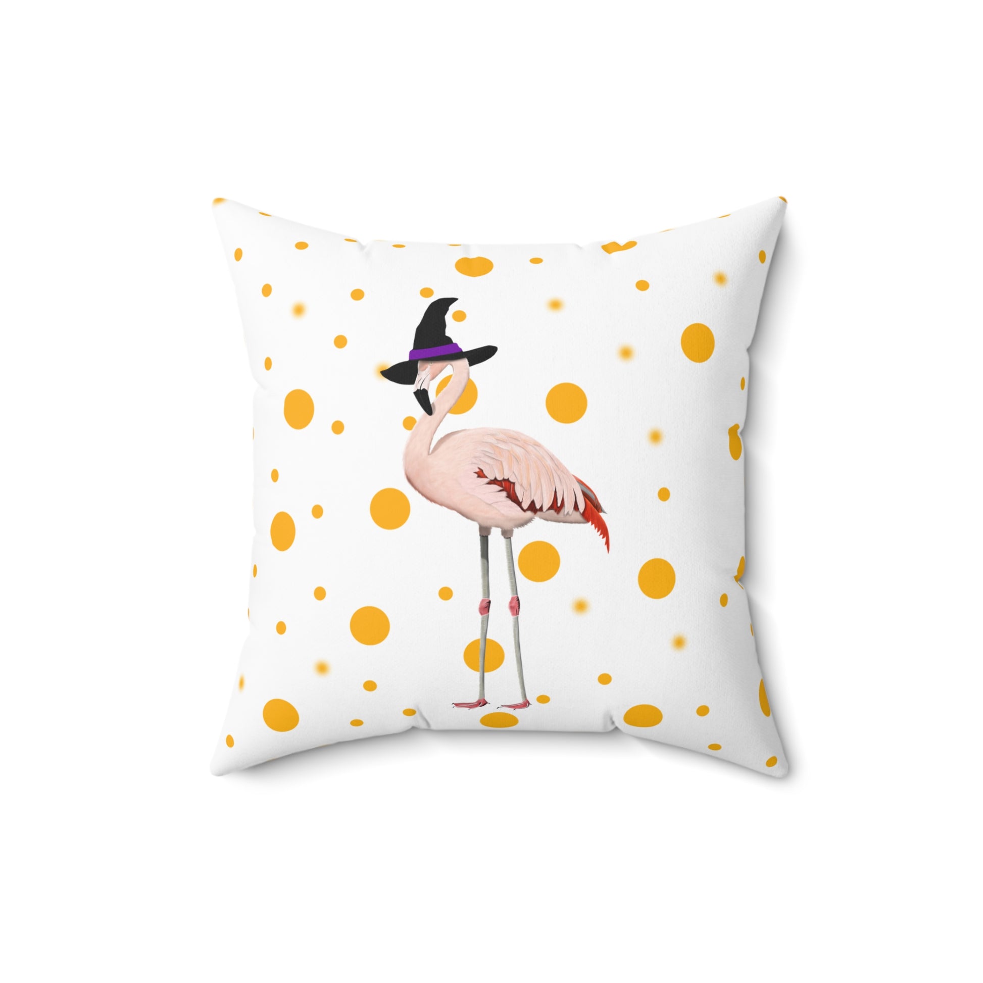 Flamingo Halloween Bird Throw Pillow White 16"x16" Orange Dots
