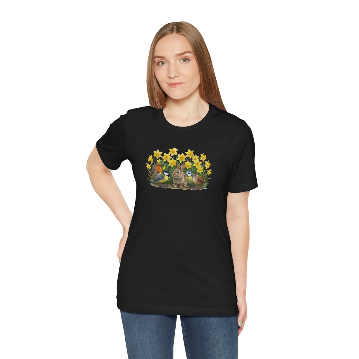 Oster T-Shirt "Gartenfreunde" - Kaninchen, Rotkehlchen & Meisen in Osterglocken | Premium Baumwolle