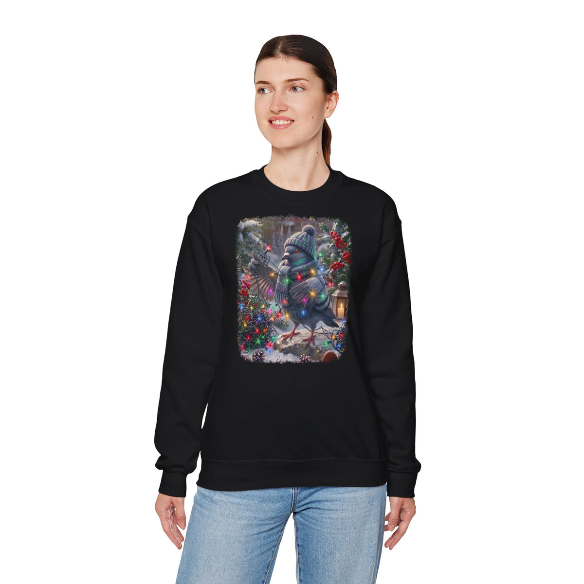 Premium Sweatshirt Taube und die Lichterkette im winterlichen Garten für Vogelfreunde