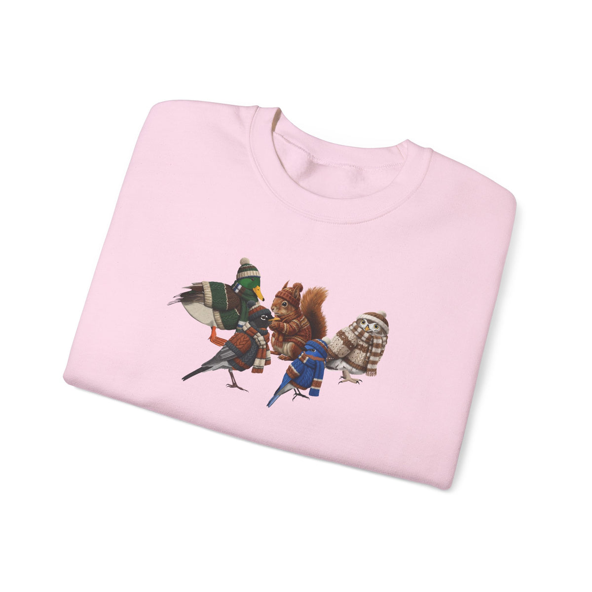 Cozy Winter Crewneck: Backyard Birds & Squirrel in Knitwear