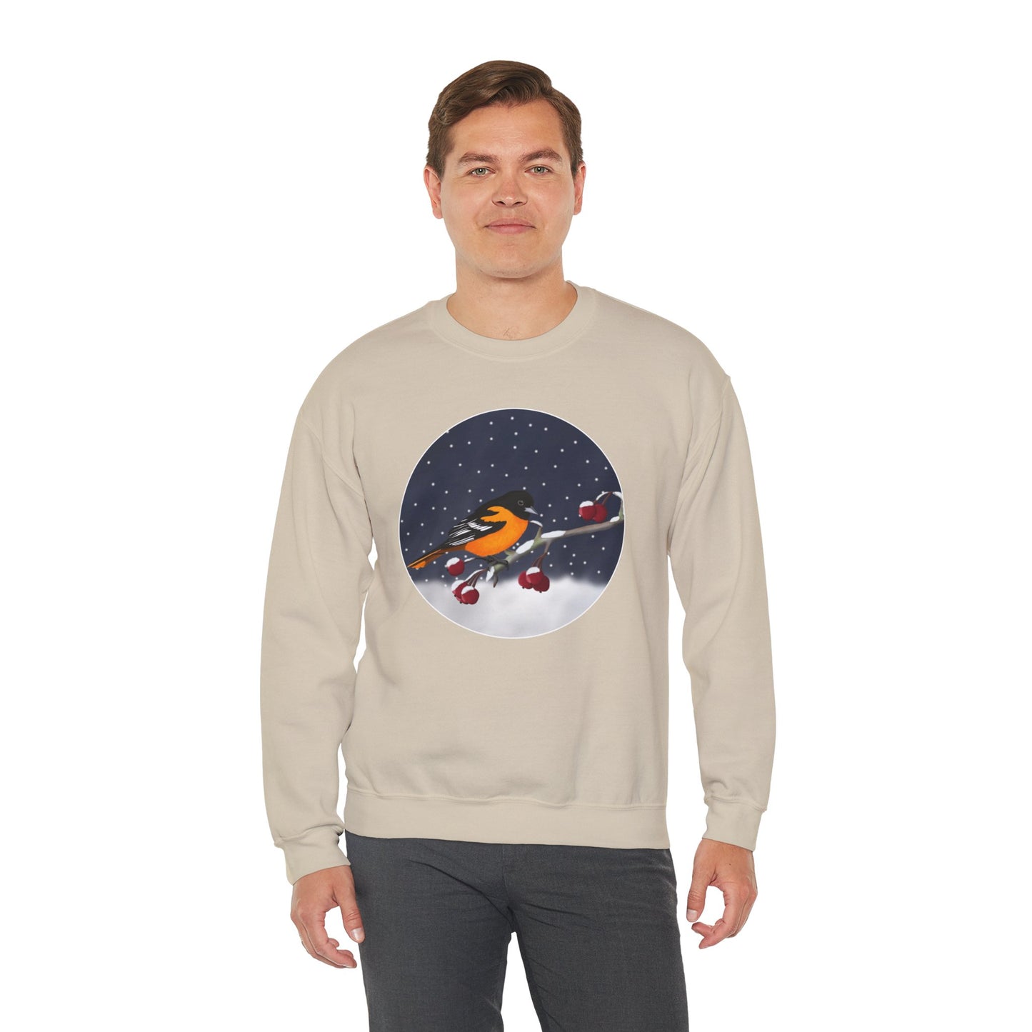 Baltimore Oriole on a Winter Branch Birdwatcher Christmas Bird Sweatshirt