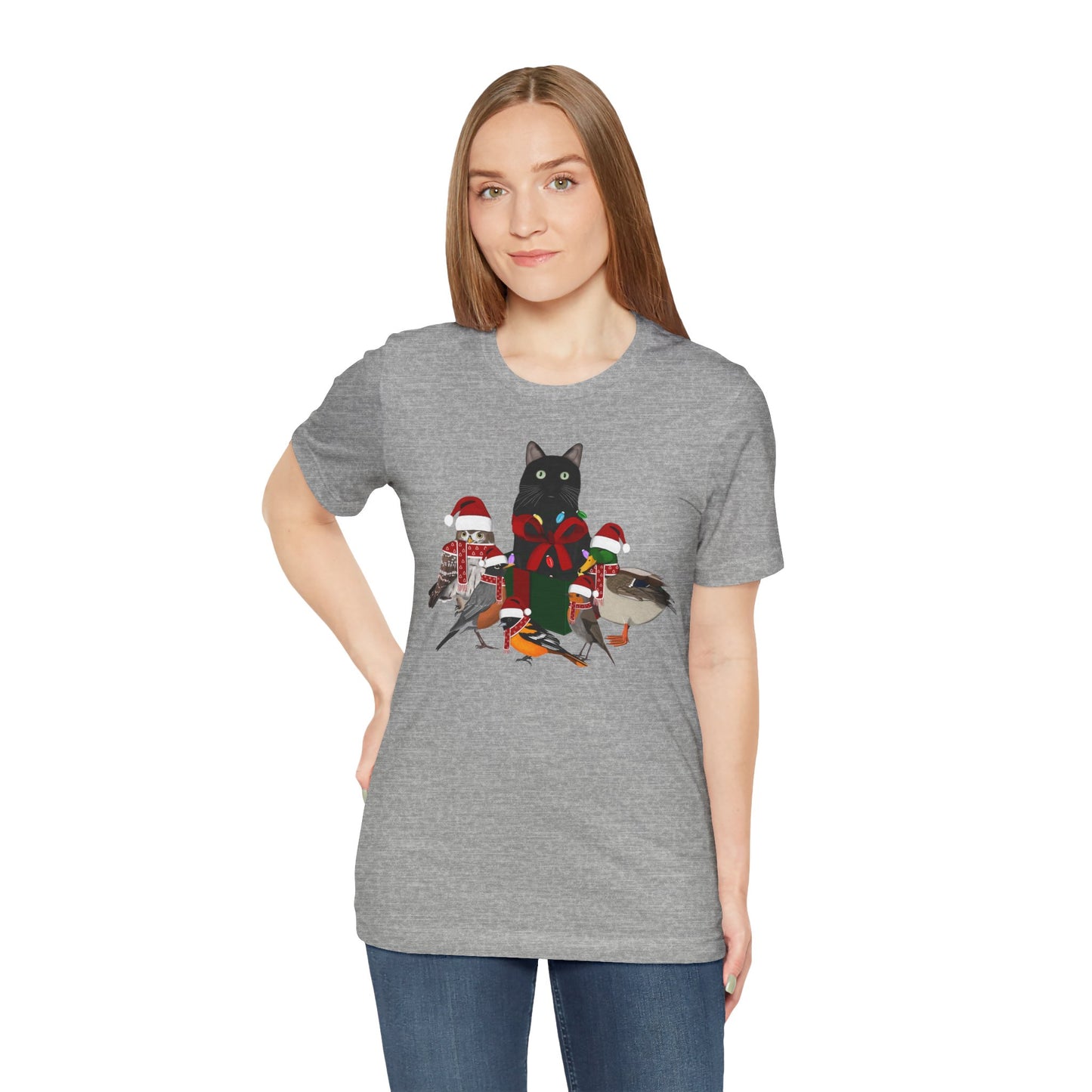 Robin Mallard Oriole Owl with Cat in a Box and Fairy Lights Christmas Bird T-Shirt