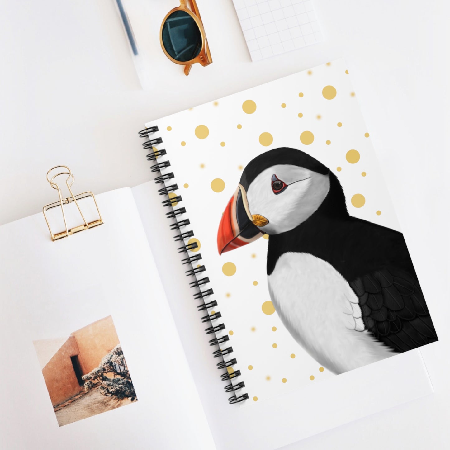 Puffin Bird Birdlover Spiral Notebook White Golden Dots Ruled Line 6"x8"