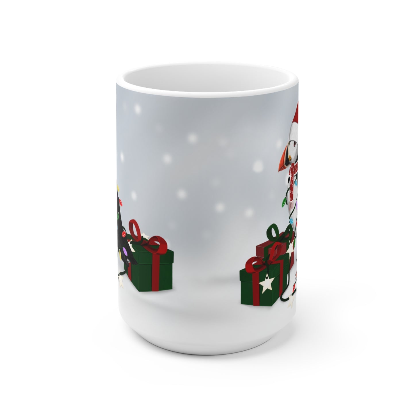 Papageitaucher mit Lichterkette im Winter Weihnachten Schnee Vogel Tasse