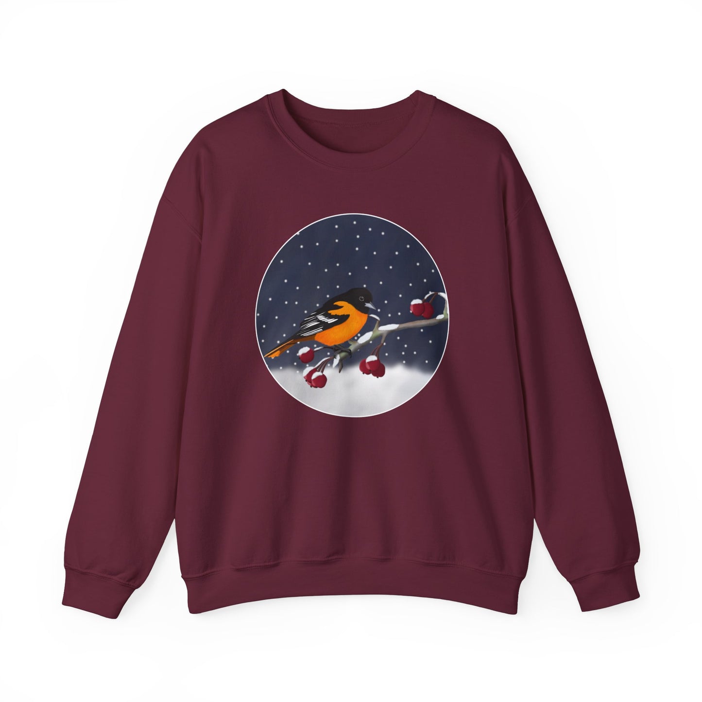 Baltimore Oriole on a Winter Branch Birdwatcher Christmas Bird Sweatshirt –