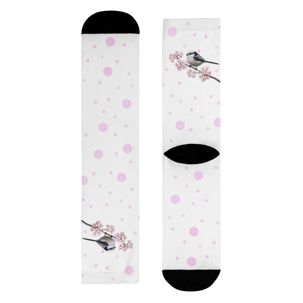 Schwanzmeise Socken – mit Kirschblüten | Weiß Rosa gepunktete Vogelmotiv Strümpfe