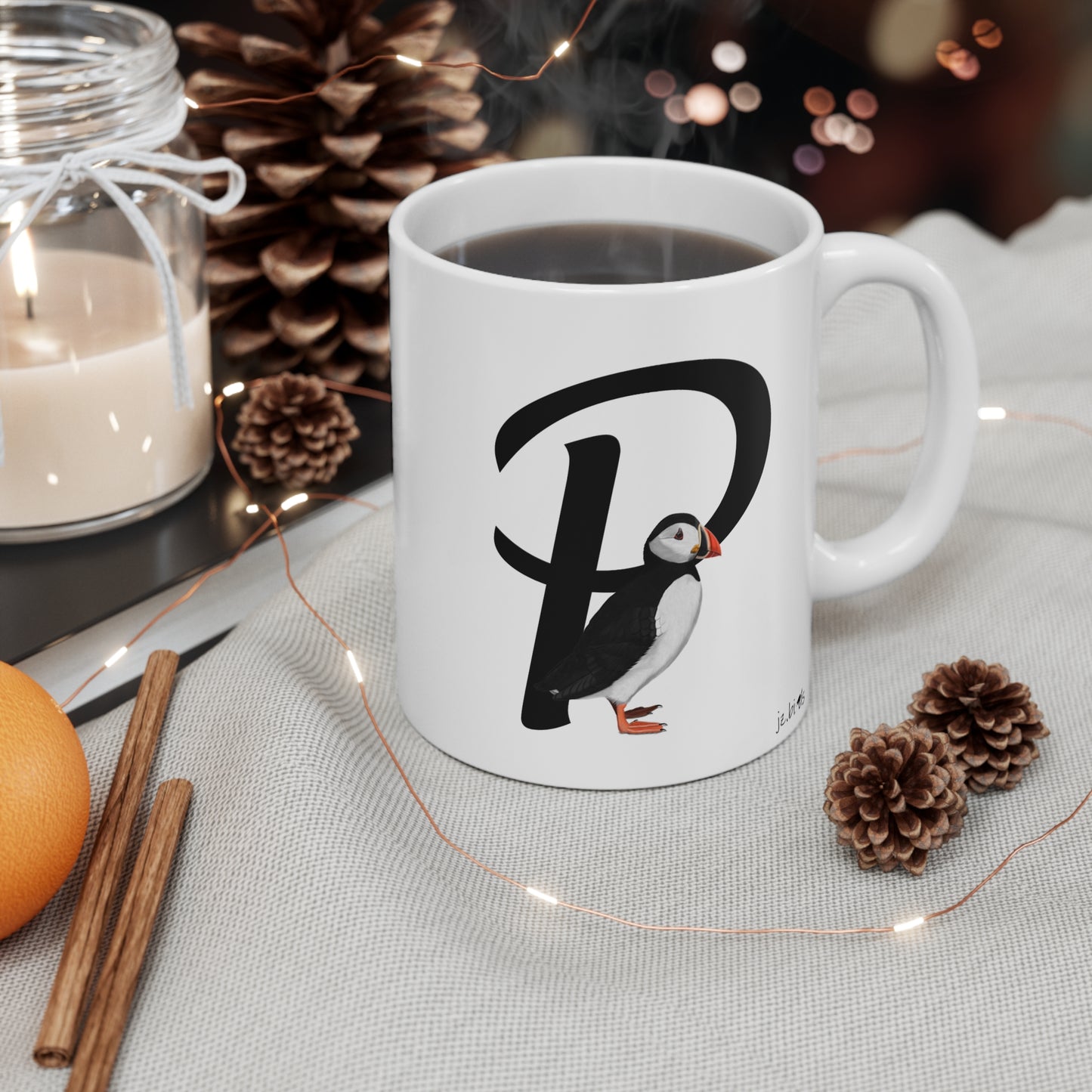 Puffin Letter P Bird Ceramic Mug 11oz White