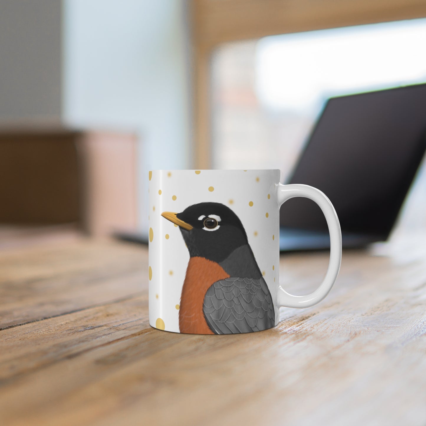 Robin Bird Ceramic Mug White Golden Dots 11oz