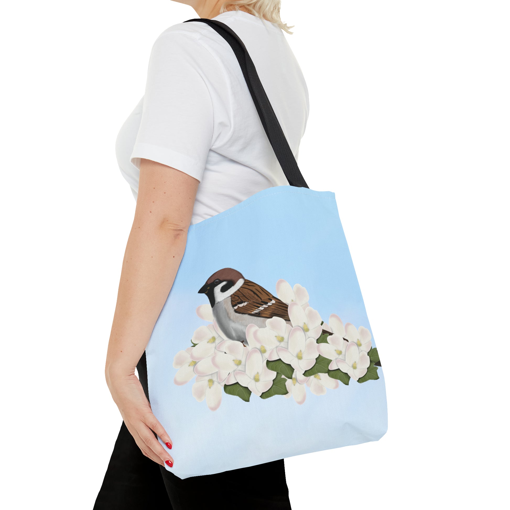 Tree Sparrow in Spring Blossoms Bird Tote Bag 16"x16" - jz.birds