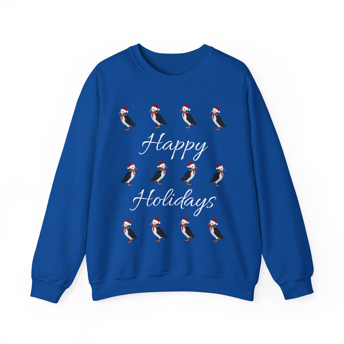 Puffin as Santa with Hat and Scarf Happy Holidays Birdwatcher Christmas Bird Sweatshirt –