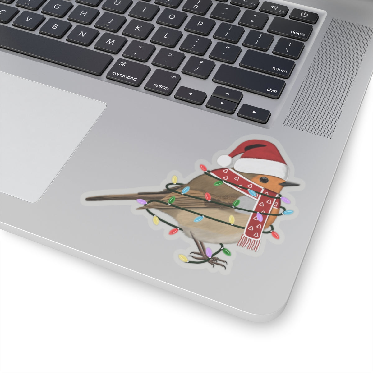 European Robin with Fairy Lights Santa Claus Hat and Scarf Christmas Bird Sticker