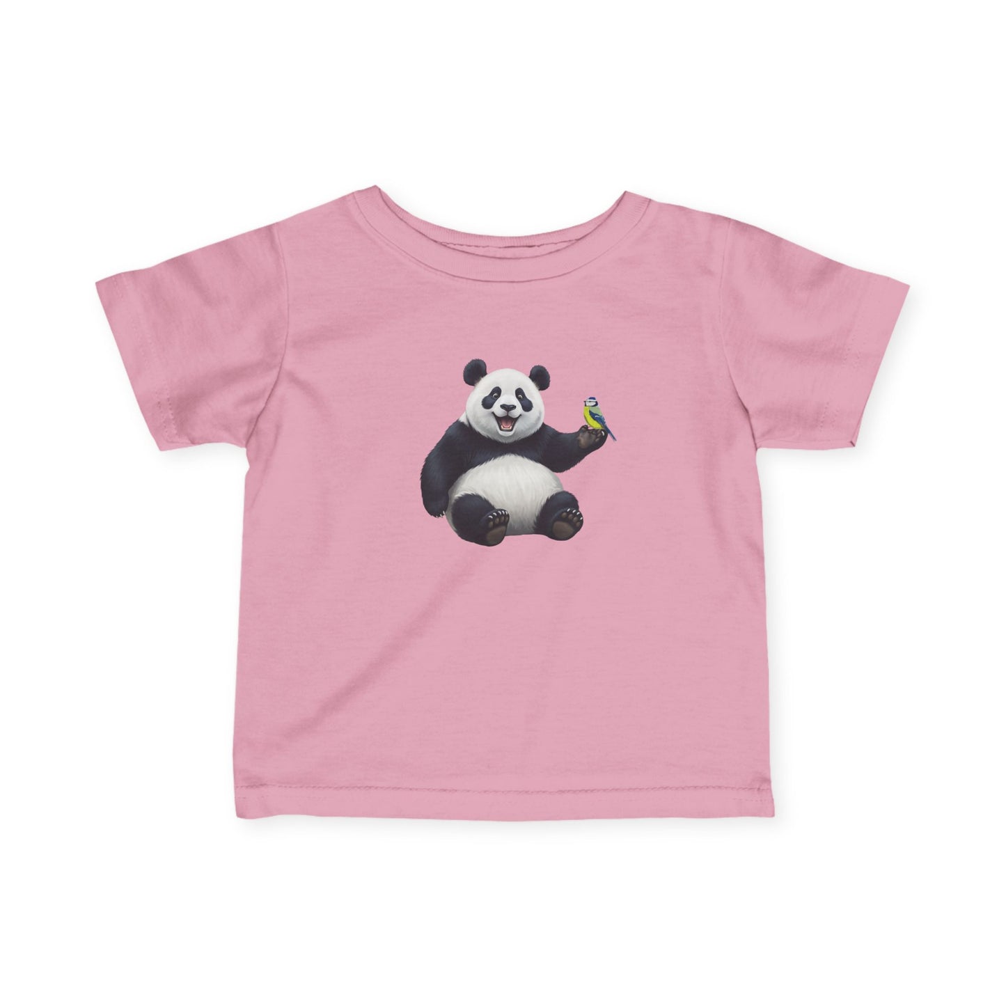 Fröhlicher Panda mit Blaumeise Vogel Tiermotiv T-Shirt für Babys und Kleinkinder