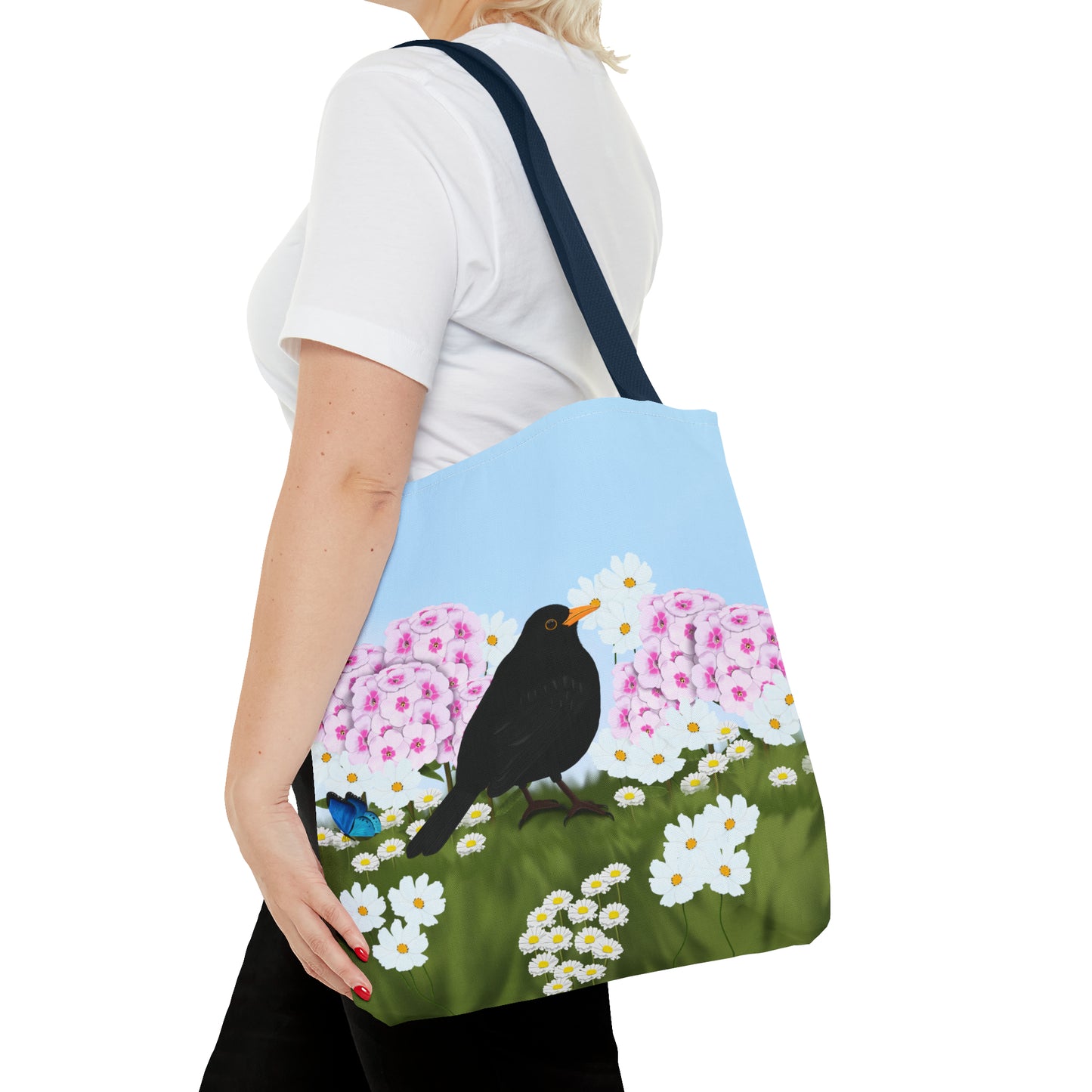 Blackbird in Summer Flowers Bird Tote Bag 16"x16" - jz.birds