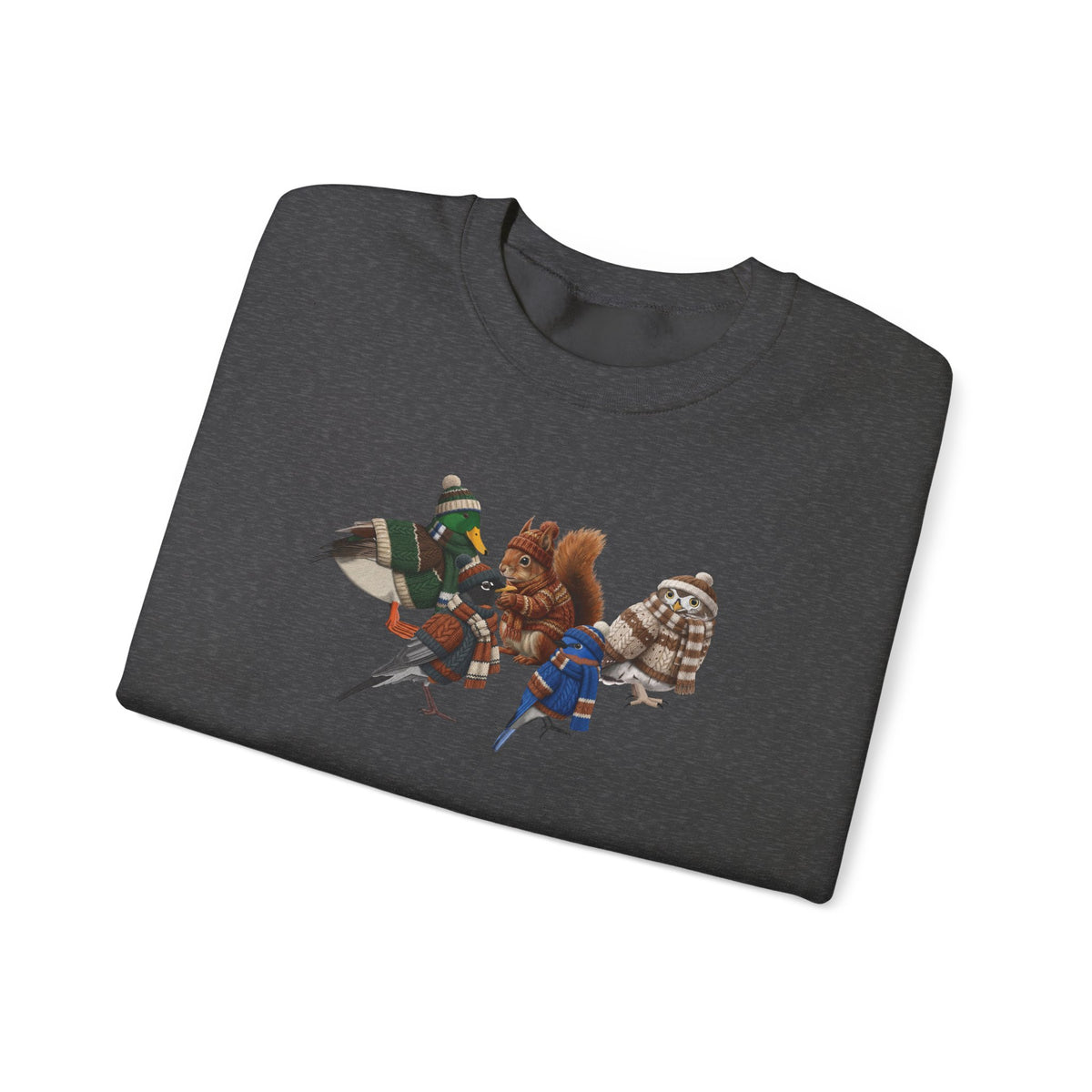 Cozy Winter Crewneck: Backyard Birds & Squirrel in Knitwear