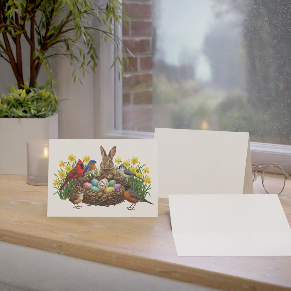 Greeting card with Easter design featuring a rabbit, birds, and eggs on a wooden surface.