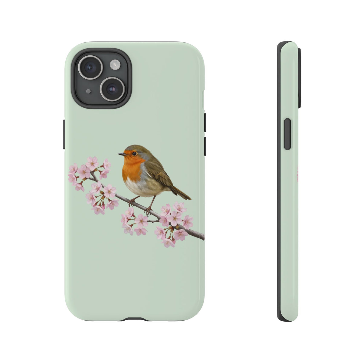 Coque de téléphone Robin vert sauge | Motif floral avec fleurs de cerisier et oiseau pour iPhone et Google Pixel