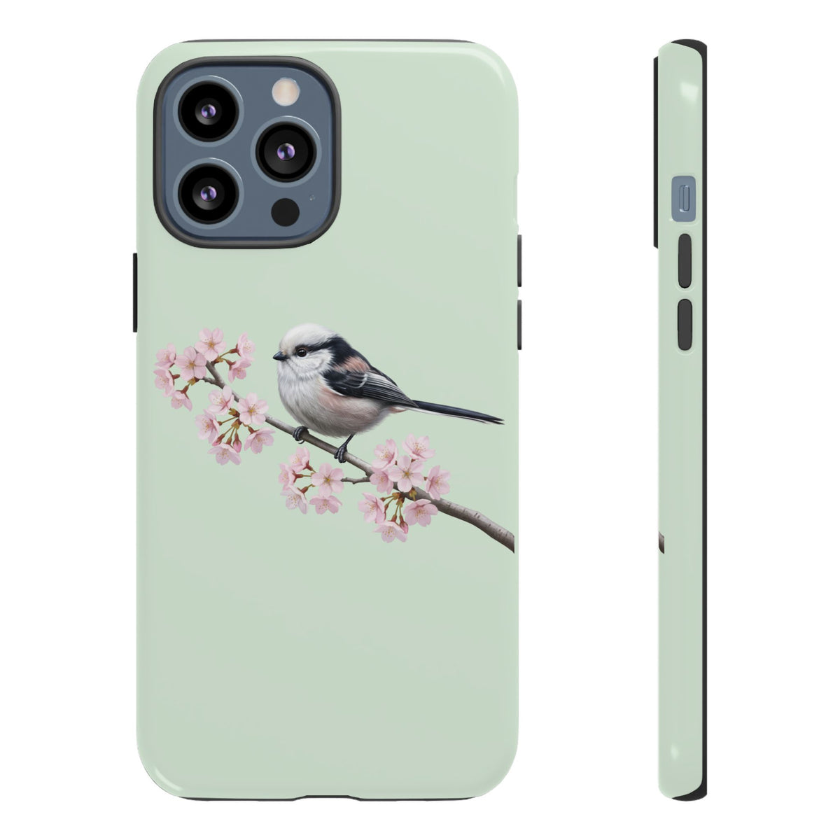 Funda para móvil de carbonero común en verde salvia | Motivo floral de pájaro y flores de cerezo para iPhone y Google Pixel