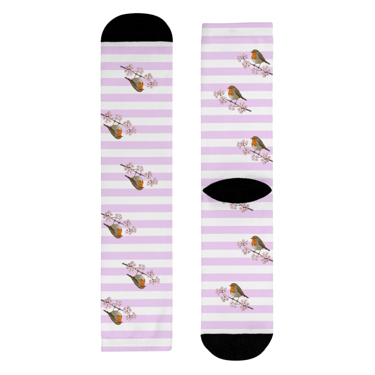 Rotkehlchen Socken – mit Kirschblüten | Weiß Rosa gestreifte Vogelmotiv Strümpfe