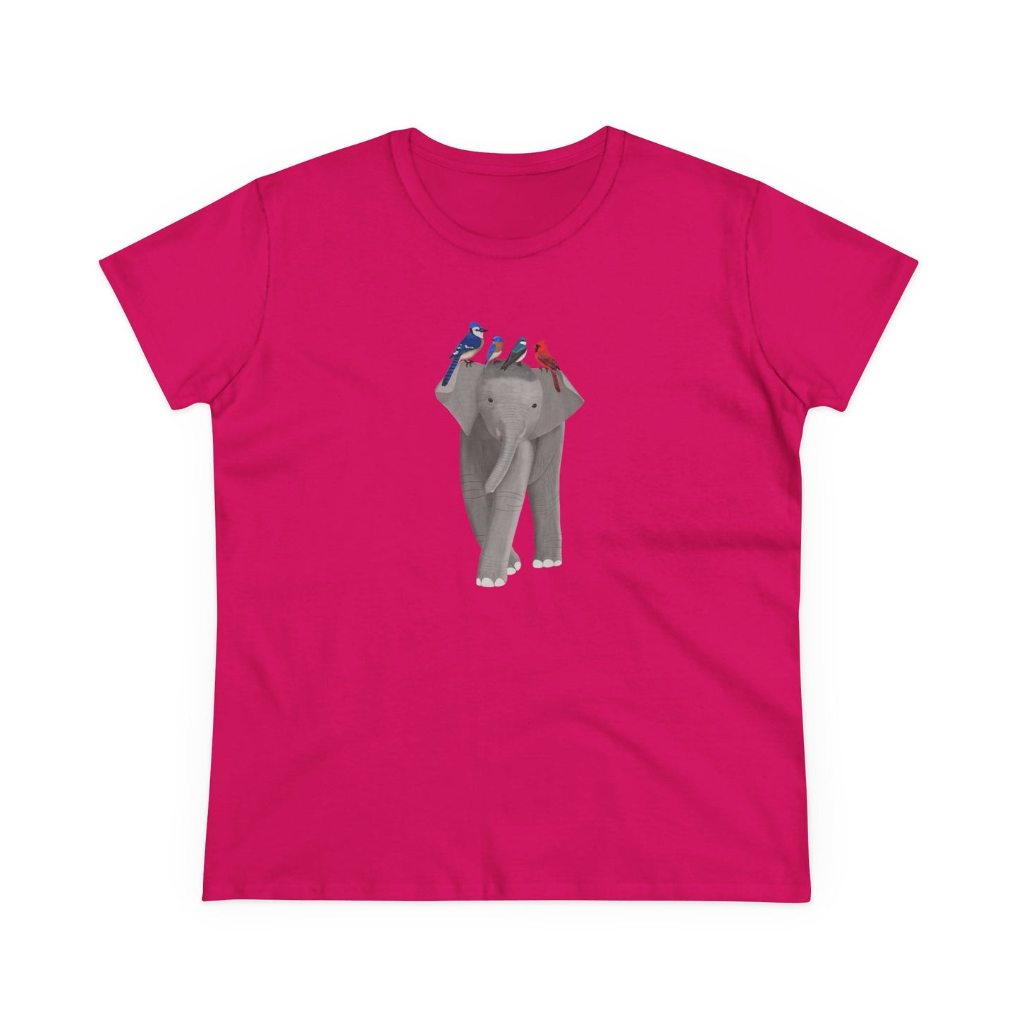 Elephant with Birds Blue Jay Cardinal Bluebird Design for Birdwatchers and Bird Lovers Women's T-Shirt