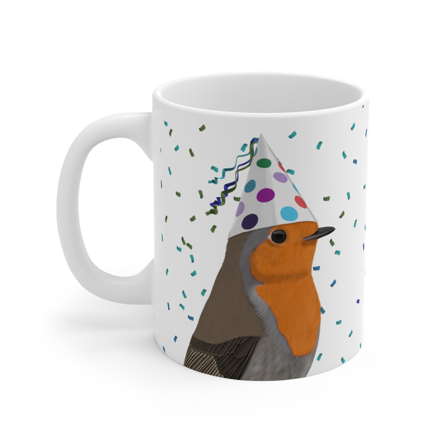 Rotkehlchen feiert Geburtstag mit Partyhut und Konfetti Vogel Tasse