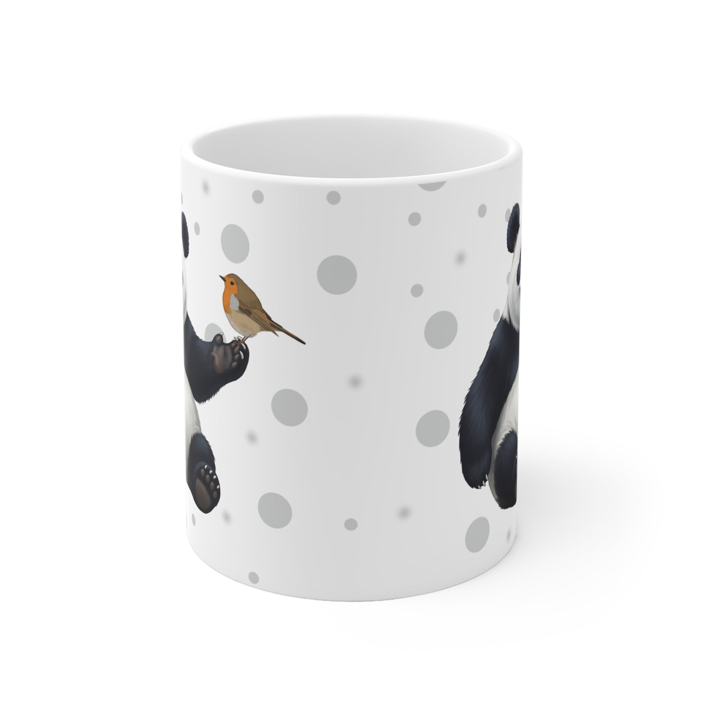 Rotkehlchen mit einem fröhlichen Panda Vogel Tiermotiv Tasse Punkte Grau