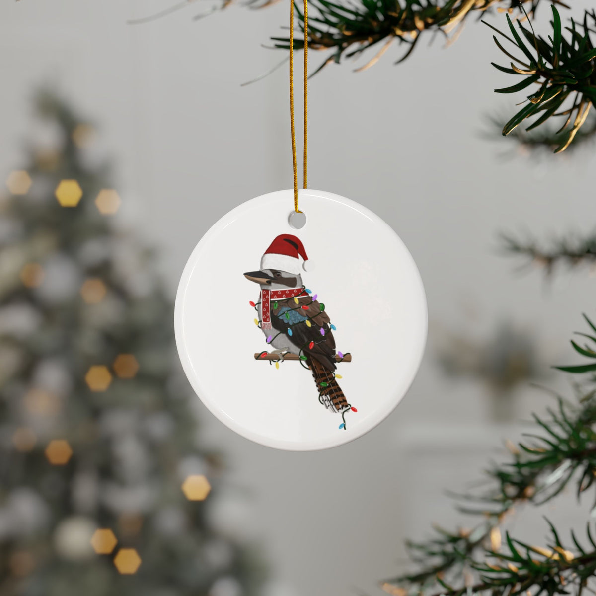 サンタクロースのワライカワセミの陶器製クリスマスオーナメント|丈夫な両面鳥好きのための装飾品