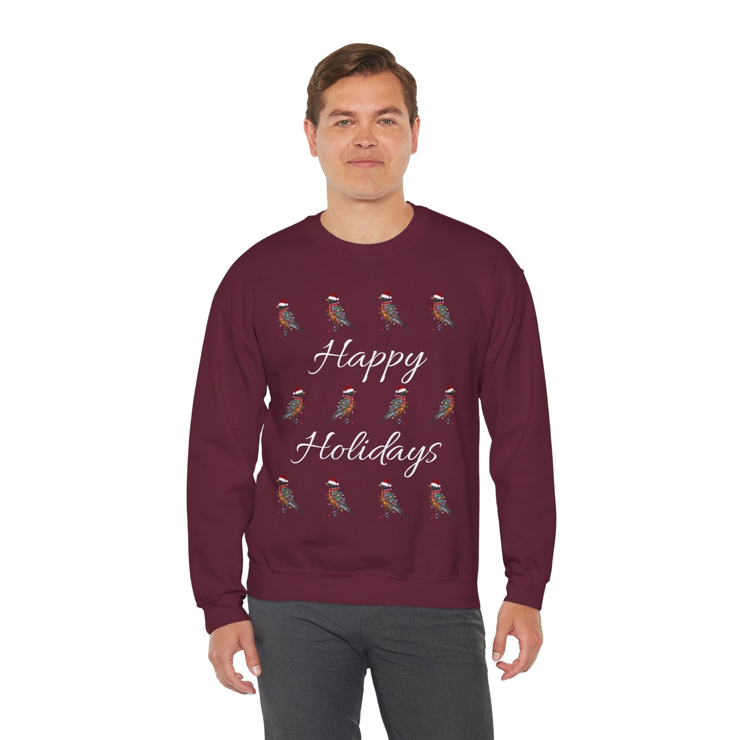 American Robin as Santa with Hat Scarf and Fairy Lights Happy Holidays Birdwatcher Christmas Bird Sweatshirt