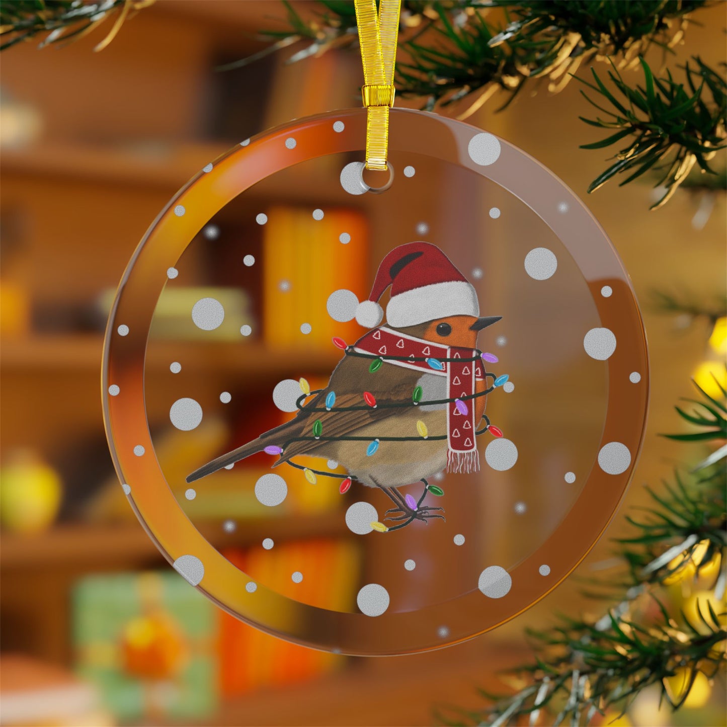 サンタクロースに扮したヨーロッパコマドリとフェアリーライトのクリスマスガラスオーナメント