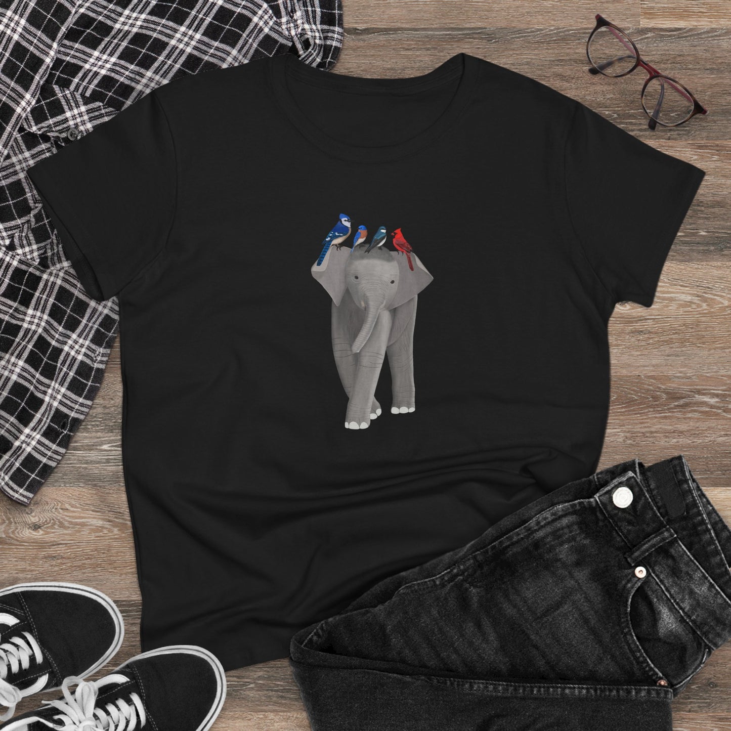Elephant with Birds Blue Jay Cardinal Bluebird Design for Birdwatchers and Bird Lovers Women's T-Shirt