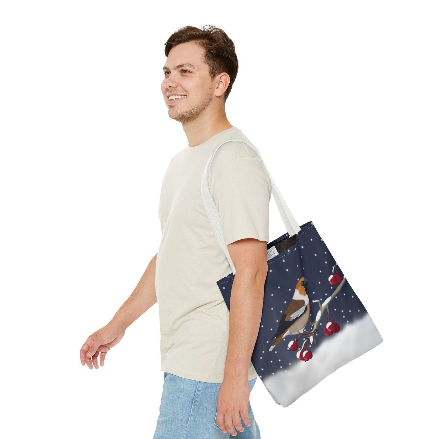 Hawfinch on a Winter Branch Christmas Bird Tote Bag 16"x16"