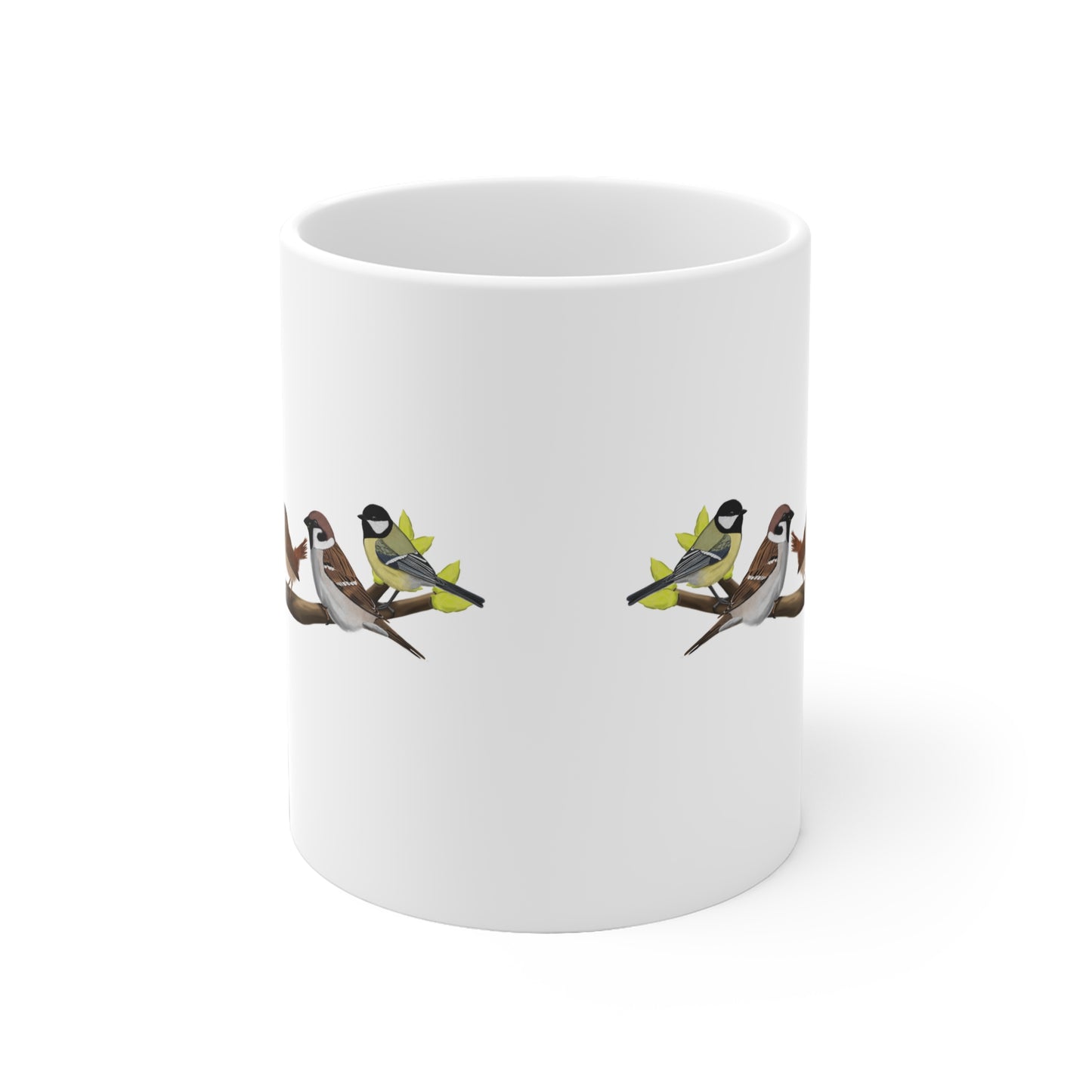 Vögel auf einem Ast Tasse Amsel Rotkehlchen Blaumeise Zaunkönig Spatz Kohlmeise Weiß
