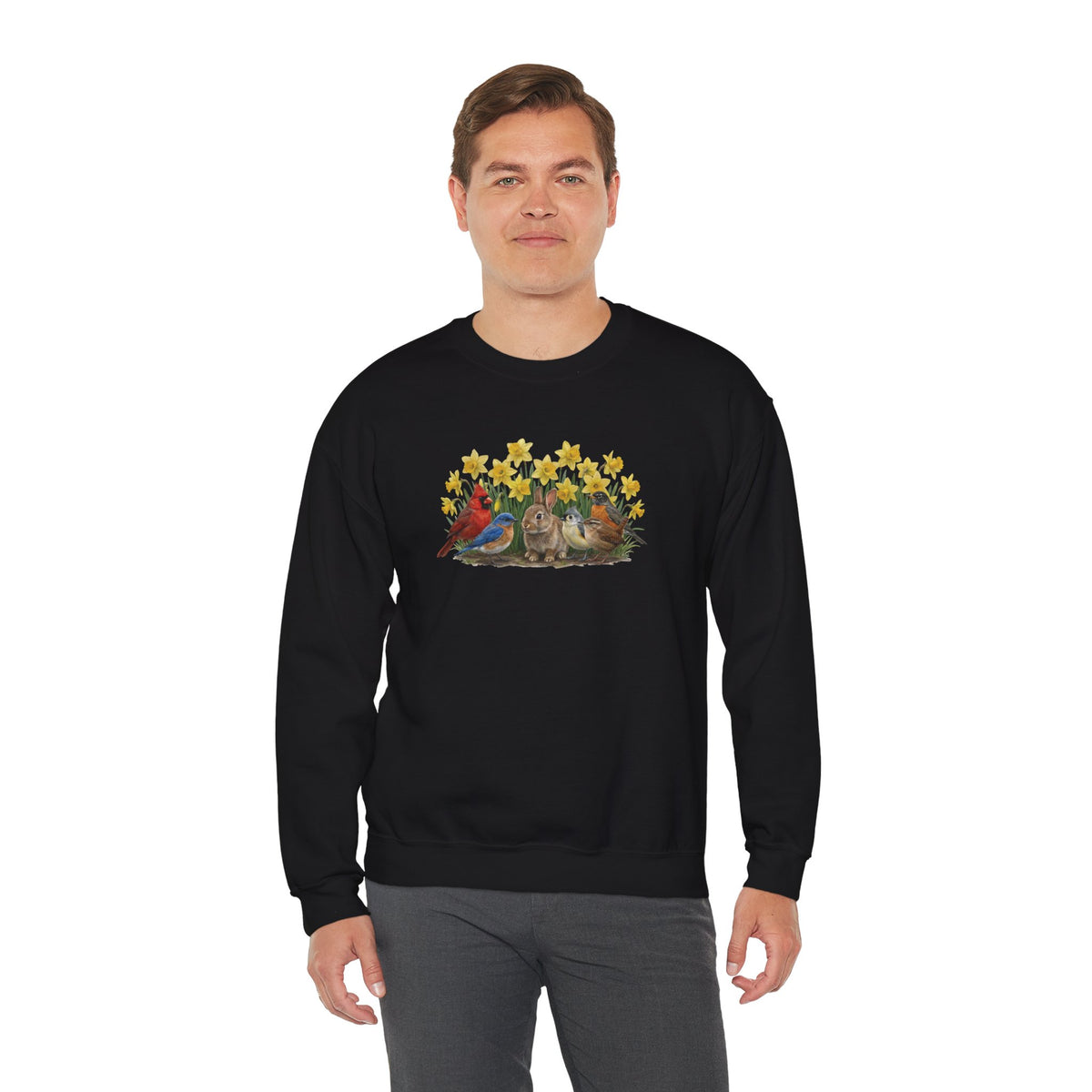 Spring & Easter Sweatshirt – Bunny, Cardinal & Bluebird | Cozy Bird Lover Crewneck