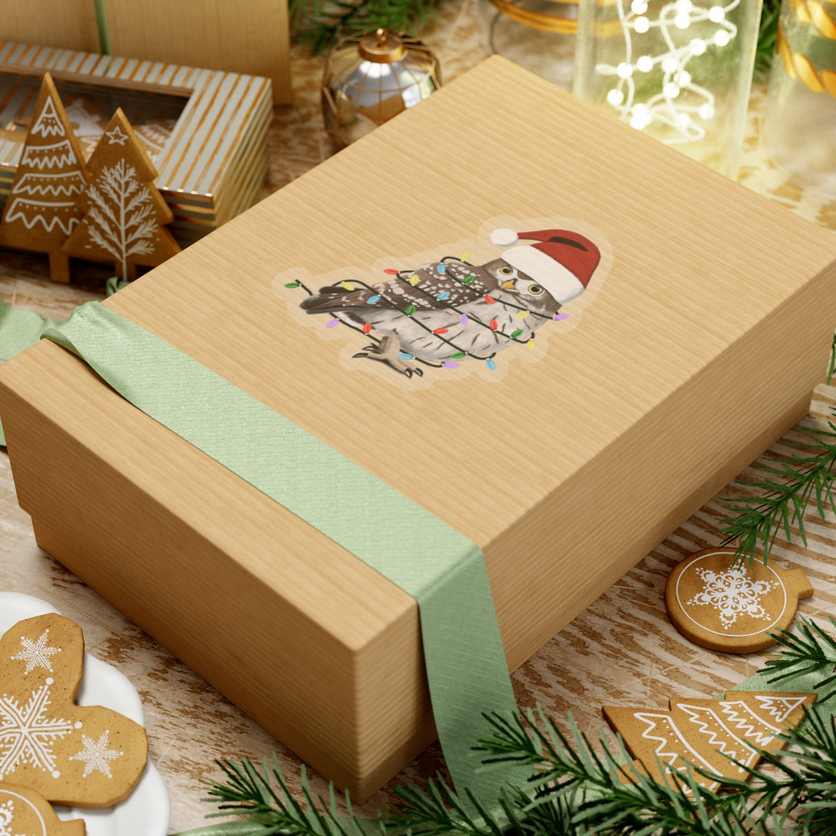 Owl with Fairy Lights Santa Claus Hat and Scarf Christmas Bird Sticker