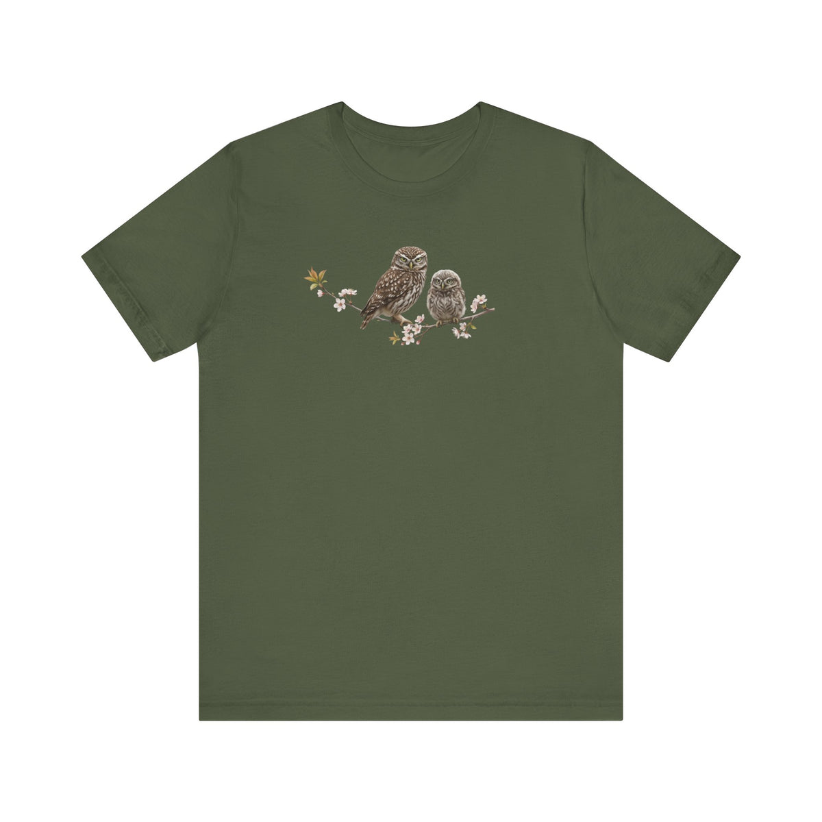 Eule Steinkauz & Jungvogel T-Shirt | Frühlingsblüten Vogelmotiv für Vogelbeobachter