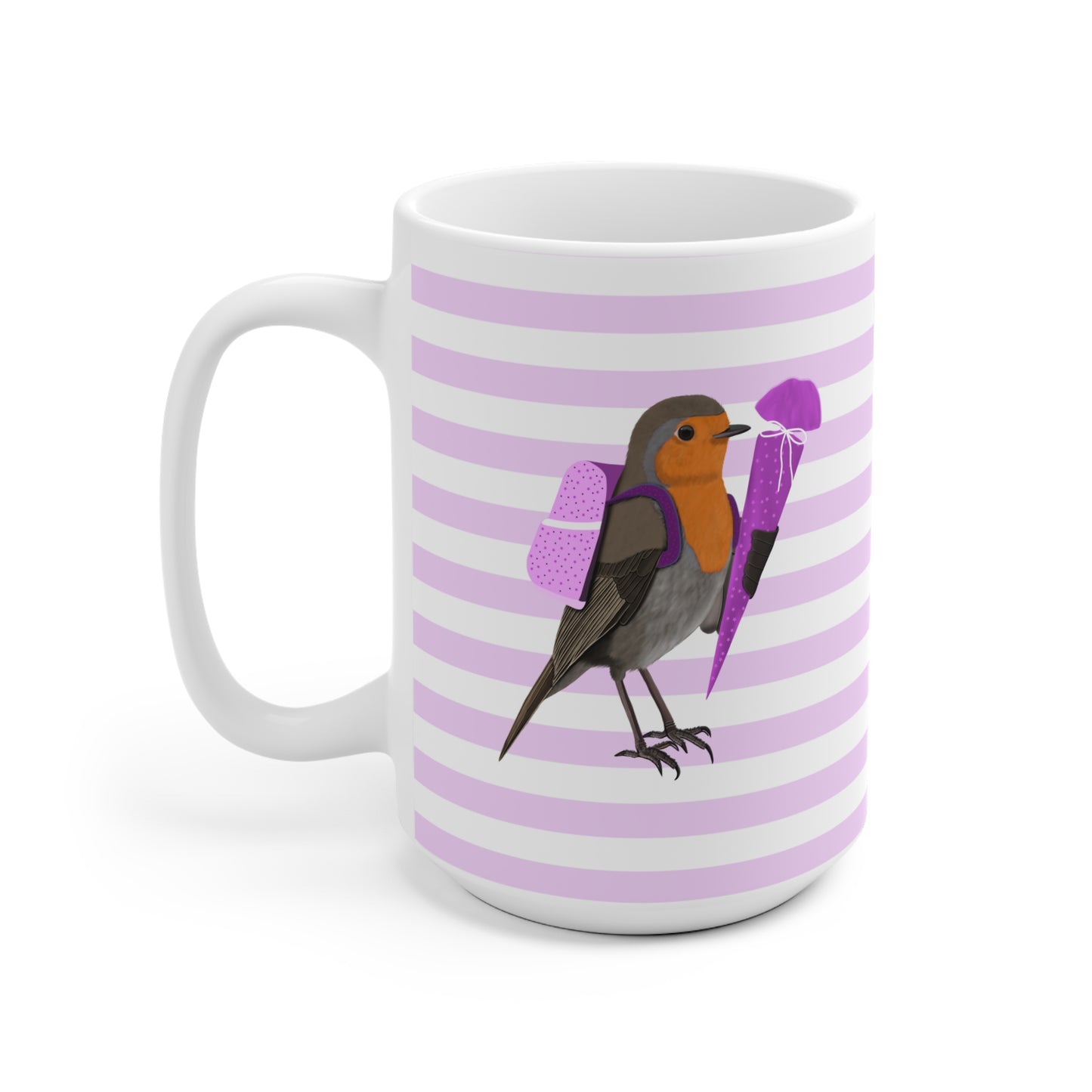 Rotkehlchen Vogel Tasse als Geschenk zur Einschulung Rosa Weiß