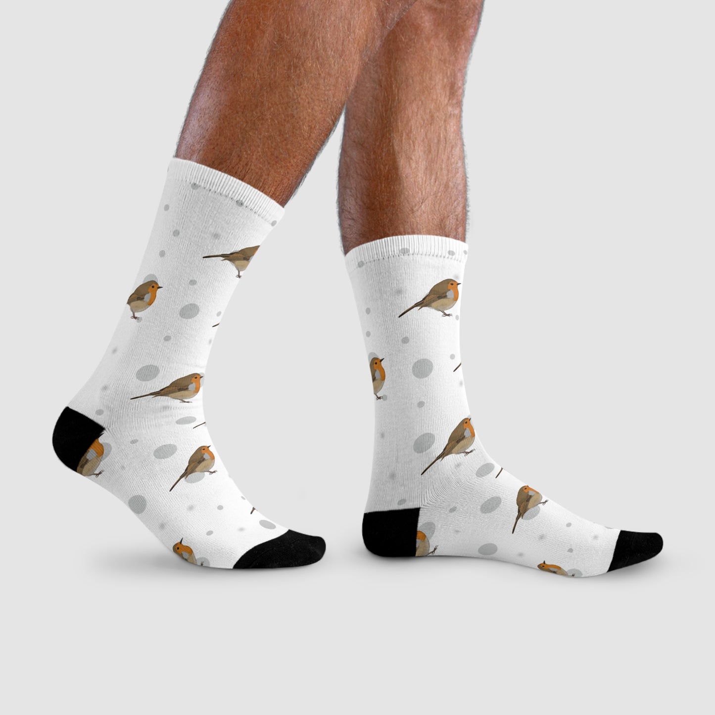 Rotkehlchen Socken Vogelsocken Weiß mit Grauen Punkten