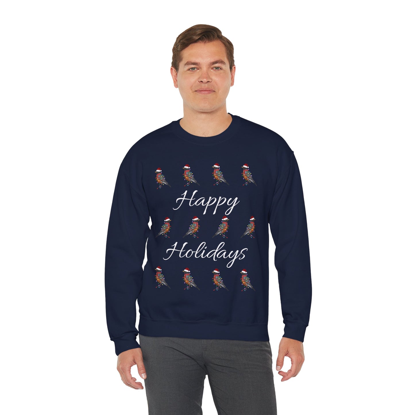 American Robin as Santa with Hat Scarf and Fairy Lights Happy Holidays Birdwatcher Christmas Bird Sweatshirt