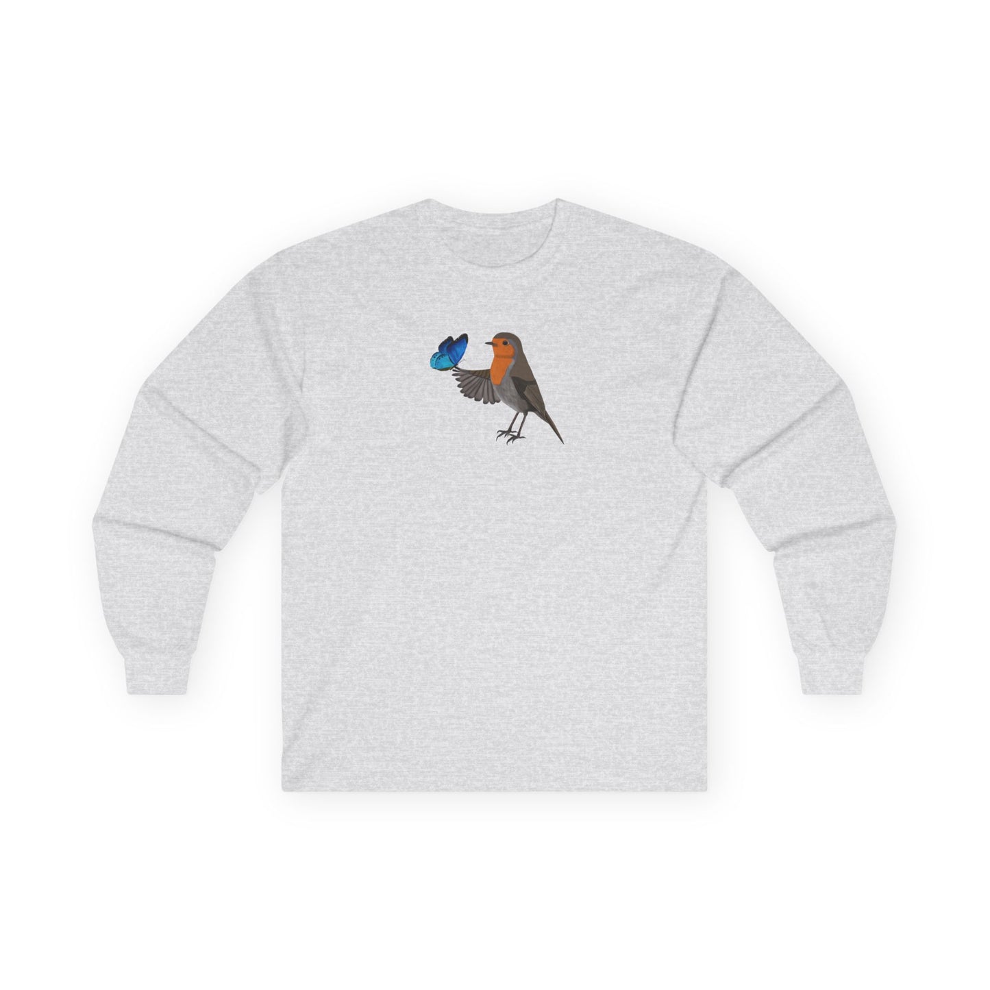 Robin with Butterfly Birding & Birdwatching Bird Cotton Long Sleeve T-Shirt