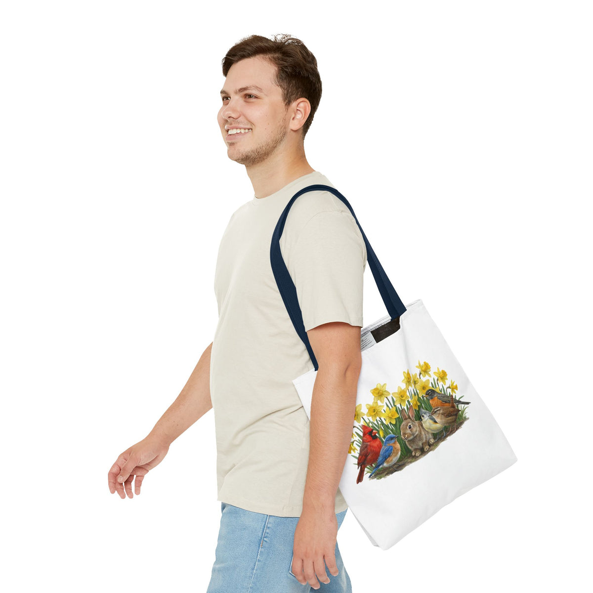 Spring Tote Bag – Cardinal, Bluebird & Bunny | Reusable Easter Basket & Market Shopper (16"x16")