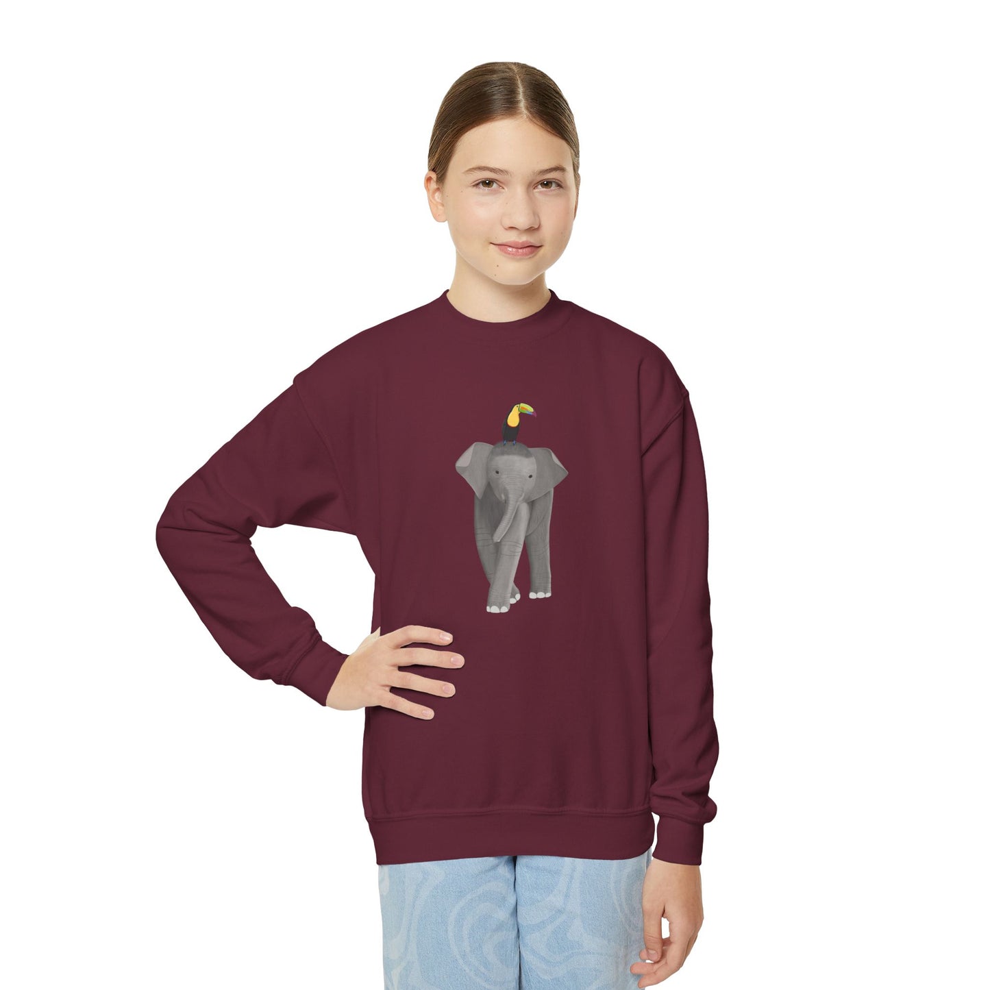 Elephant with Keel Billed Toucan Bird Youth Crewneck Sweatshirt