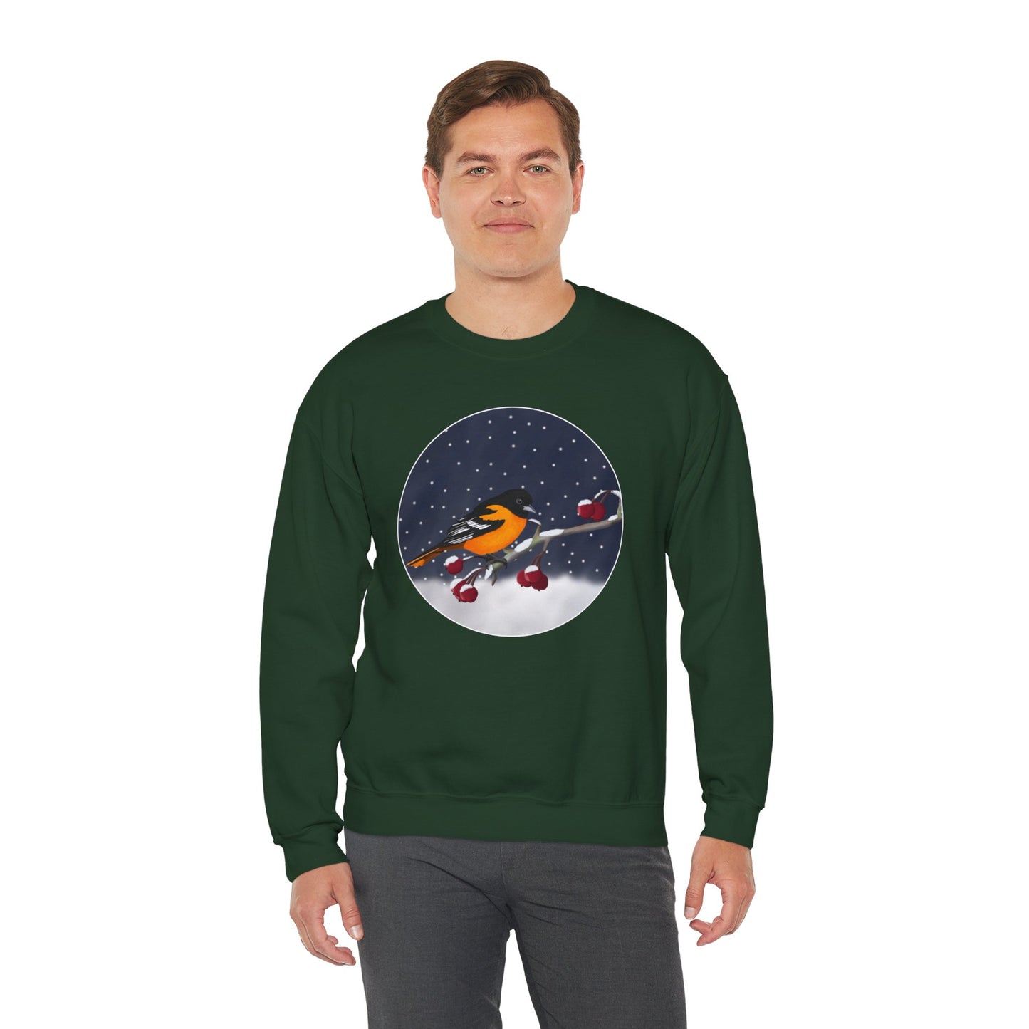 Baltimore Oriole on a Winter Branch Birdwatcher Christmas Bird Sweatshirt