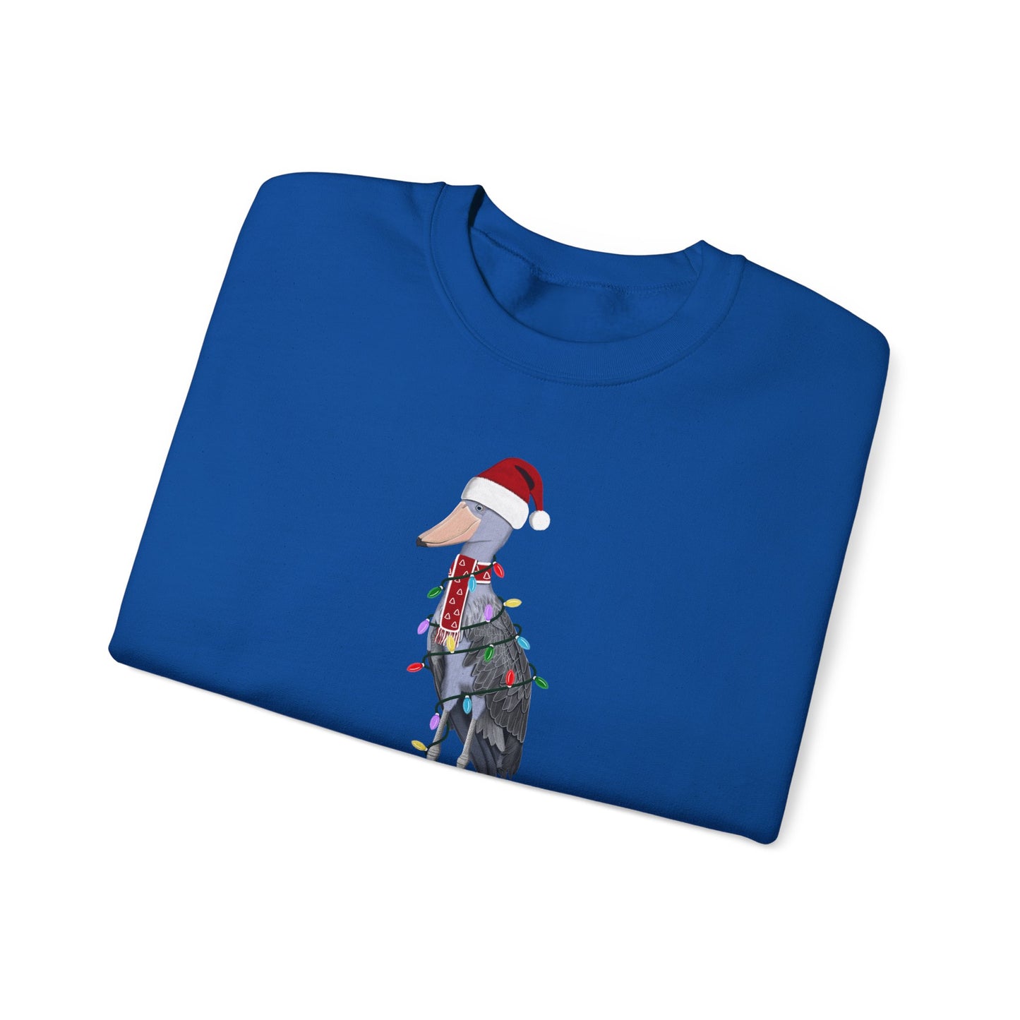 サンタクロースの姿でフェアリーライトをつけたハシビロコウのハッピーホリデーバードウォッチャークリスマスバードスウェットシャツ