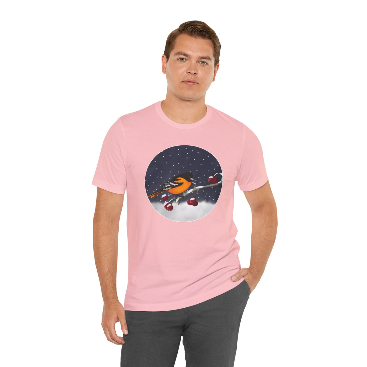 Baltimore Oriole on a Winter Branch Birdwatcher Christmas Bird T-Shirt