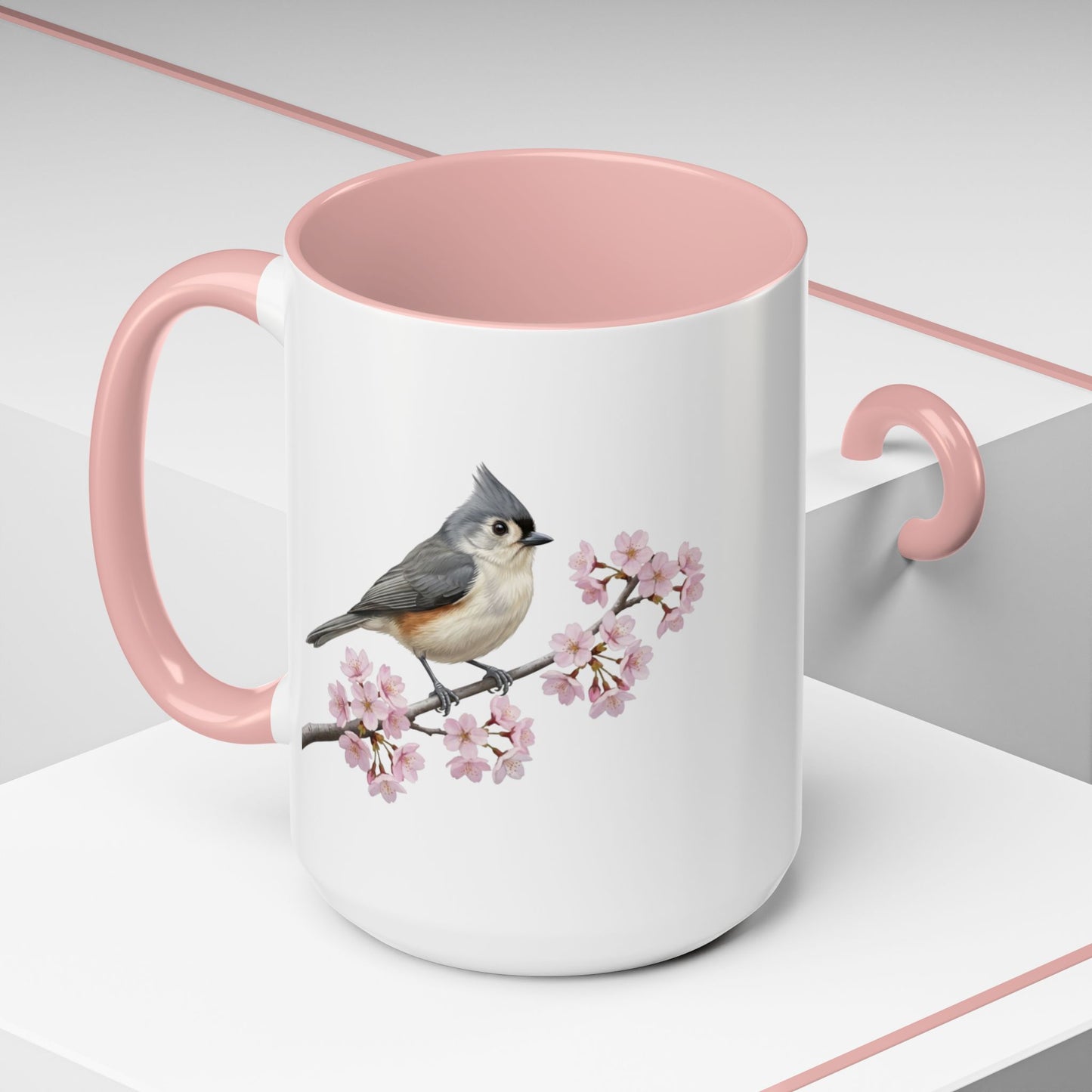 Tufted Titmouse Cherry Blossom Mug | Pink Ceramic Coffee Cup for Bird Lovers