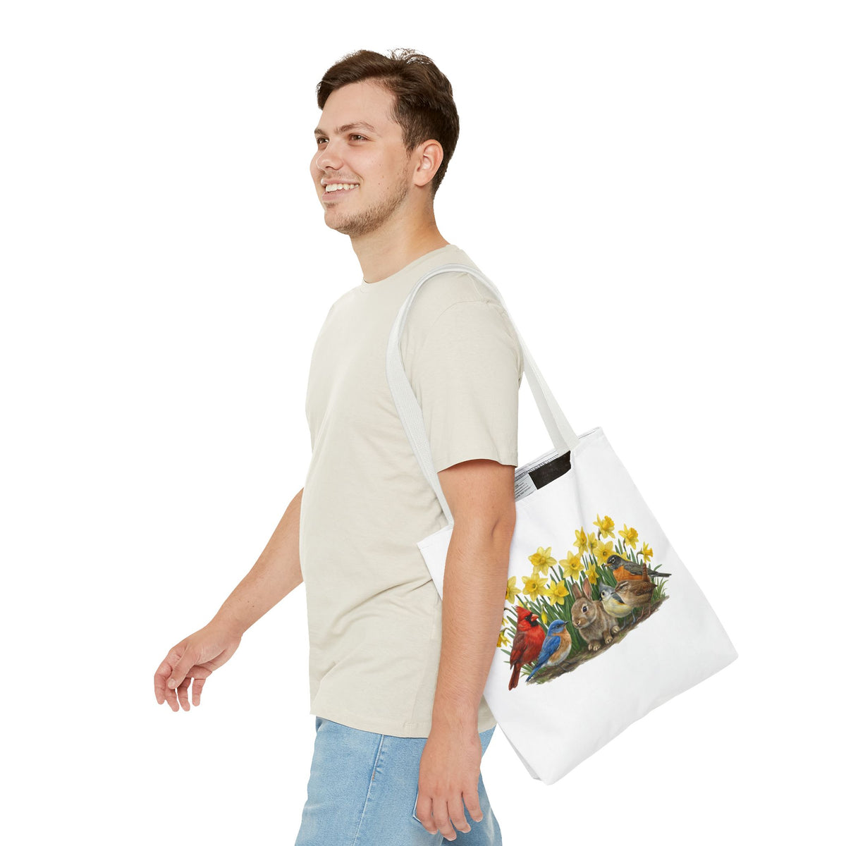 Spring Tote Bag – Cardinal, Bluebird & Bunny | Reusable Easter Basket Market Shopper (16"x16") – Accessories, Bags