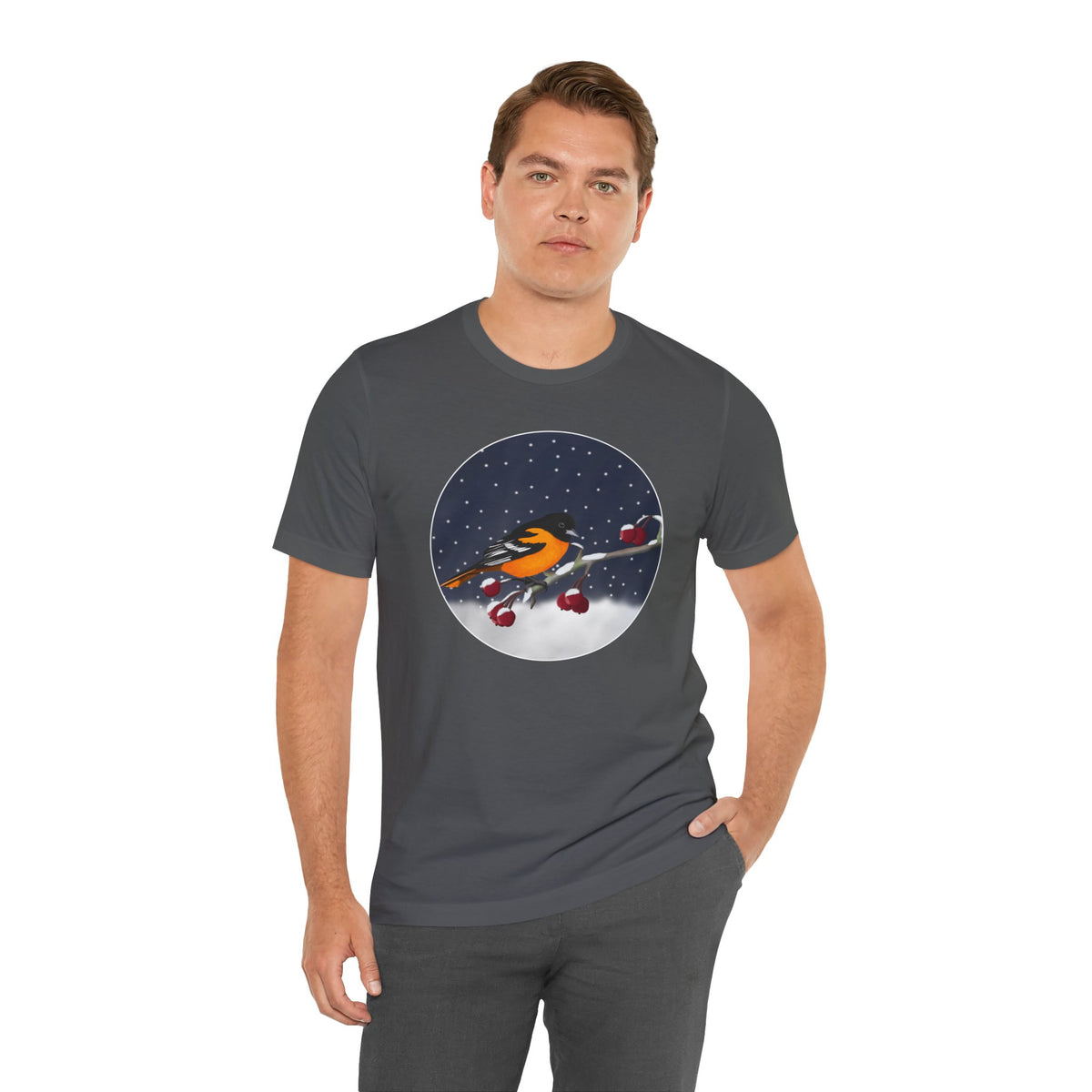 Baltimore Oriole on a Winter Branch Birdwatcher Christmas Bird T-Shirt